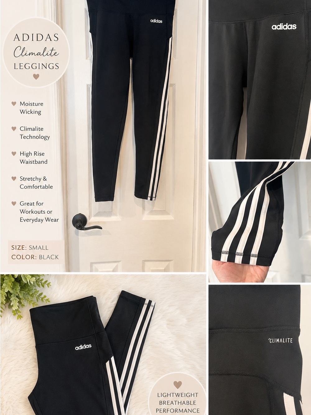 adidas Black Leggings with White Triple Stripes